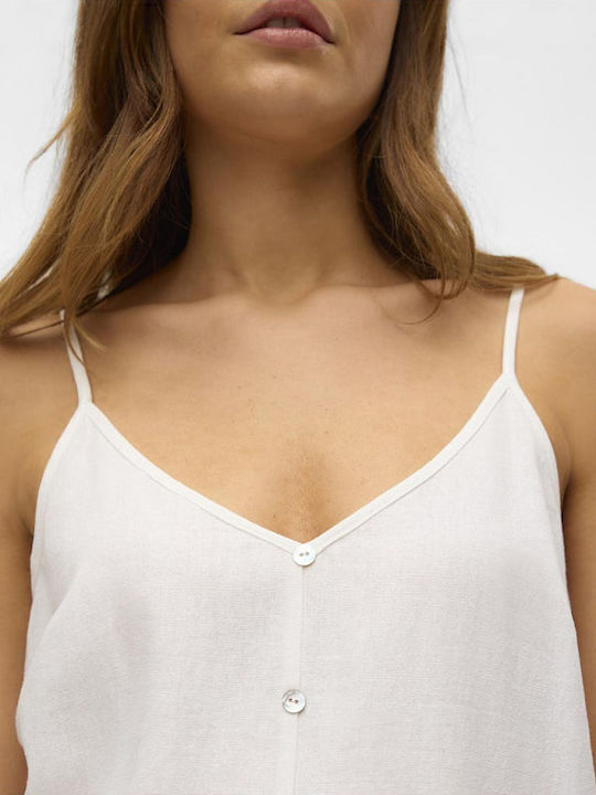 Snow Women's Summer Blouse Linen with Straps & V Neckline White