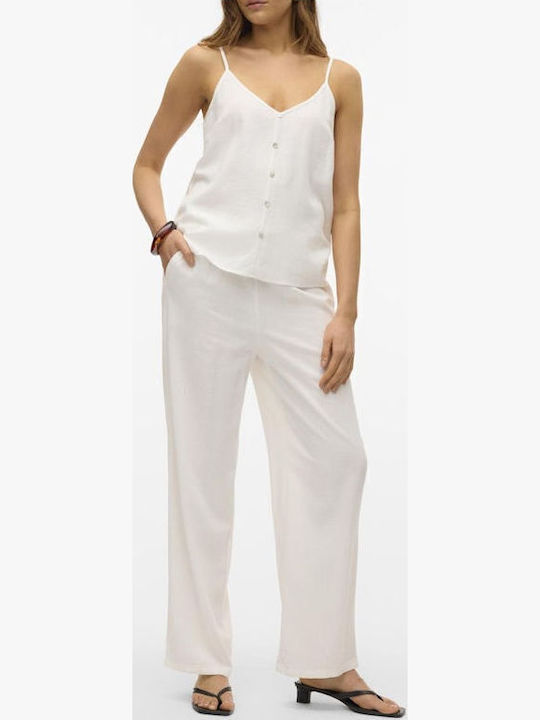 Snow Women's Summer Blouse Linen with Straps & V Neckline White