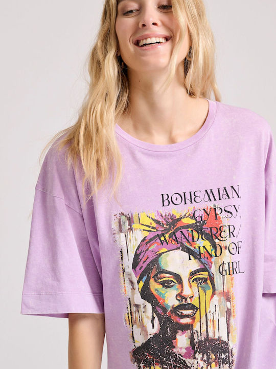 Funky Buddha Γυναικείο T-shirt Ριγέ Λιλά