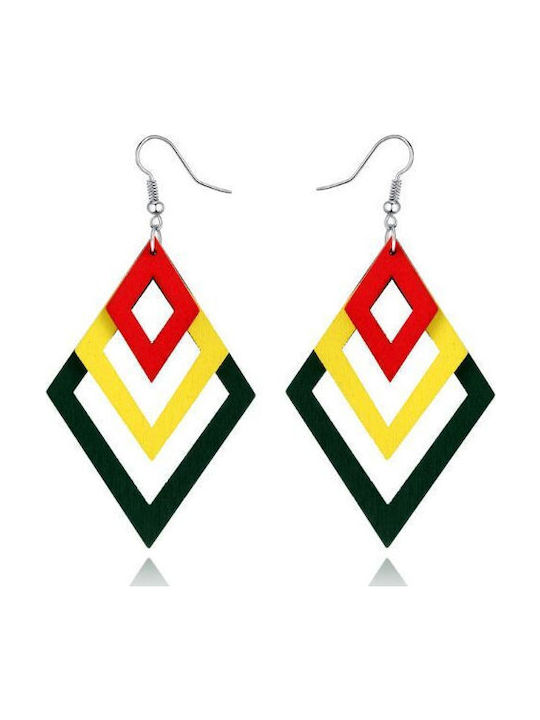 Earrings Geometric Shape Made Wood 3 Diamonds Yellow 11 X 6 Cm