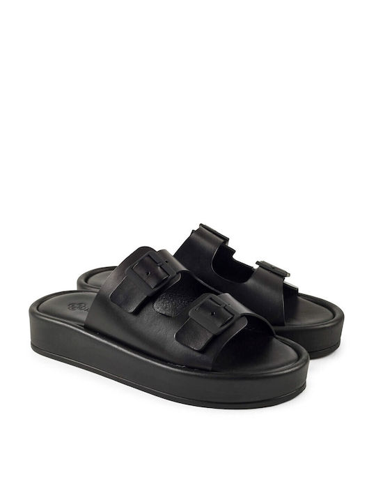 Makis Kotris Leather Women's Flat Sandals Flatforms in Black Color