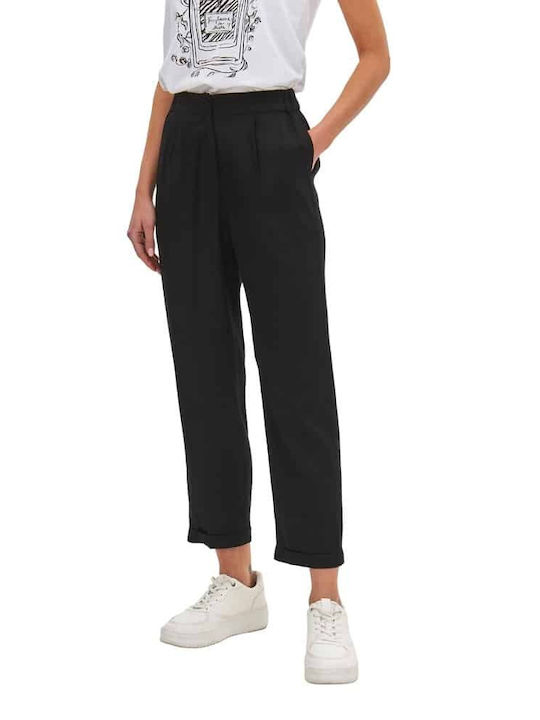 Top Secret Women's Fabric Capri Trousers with Elastic in Straight Line Black