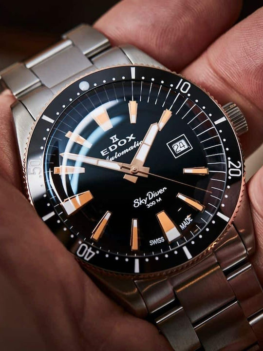 Edox Ανδρικό Ρολόι 42mm Αυτόματο με Γκρι Μεταλλικό Μπρασελέ