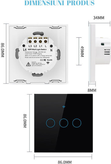 rezistent la apă Încastrat Comutator de Perete Wi-Fi Comenzi Triplu cu Cadru Negru