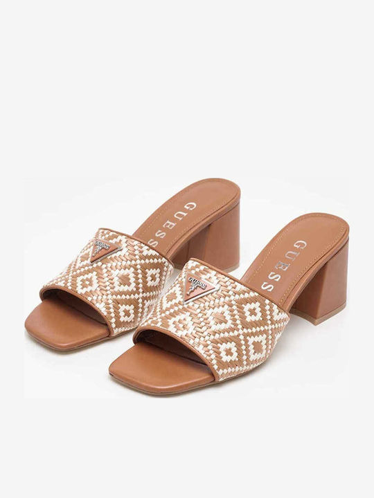 Gables3 Leather Mules with Chunky High Heel in Tabac Brown Color