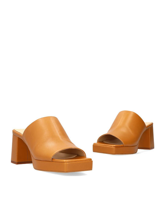 Leather Mules with Chunky High Heel in Brown Color
