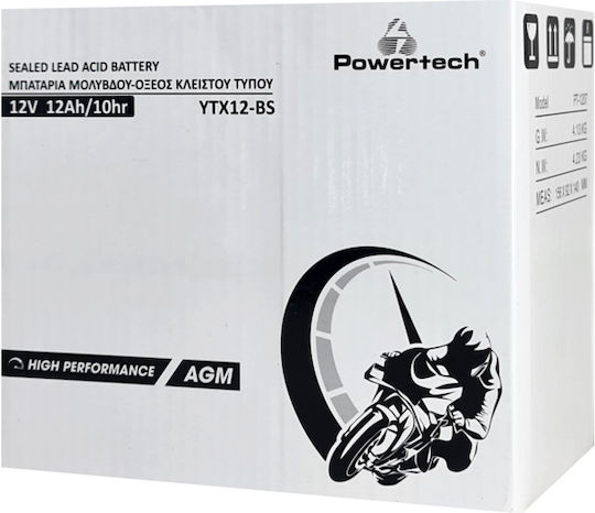 Powertech Μπαταρία Μοτοσυκλέτας YTX12-BS με Χωρητικότητα 12Ah
