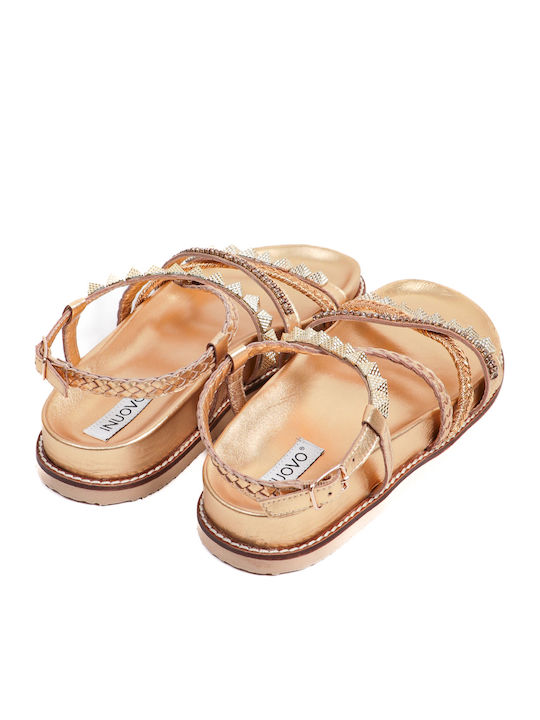 Leather Women's Flat Sandals in Gold Color