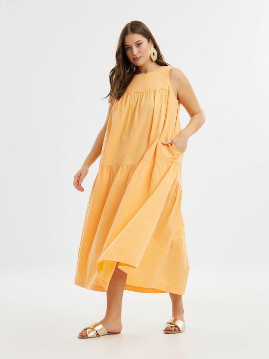 Mat Fashion Καλοκαιρινό Maxi Φόρεμα με Βολάν Πορτοκαλί