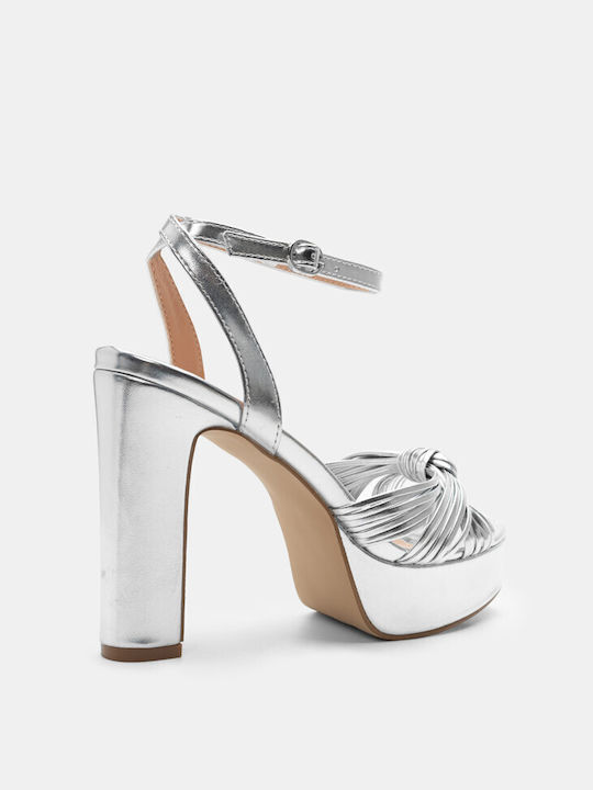 Luigi Platform Synthetic Leather Women's Sandals with Ankle Strap Silver with Low Heel