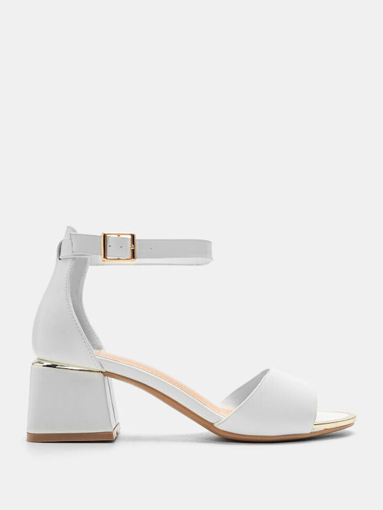 Luigi Synthetic Leather Women's Sandals with Ankle Strap White with Chunky Medium Heel