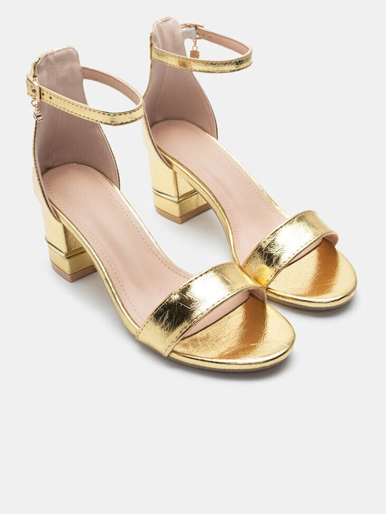 Luigi Synthetic Leather Women's Sandals with Ankle Strap Gold with Medium Heel