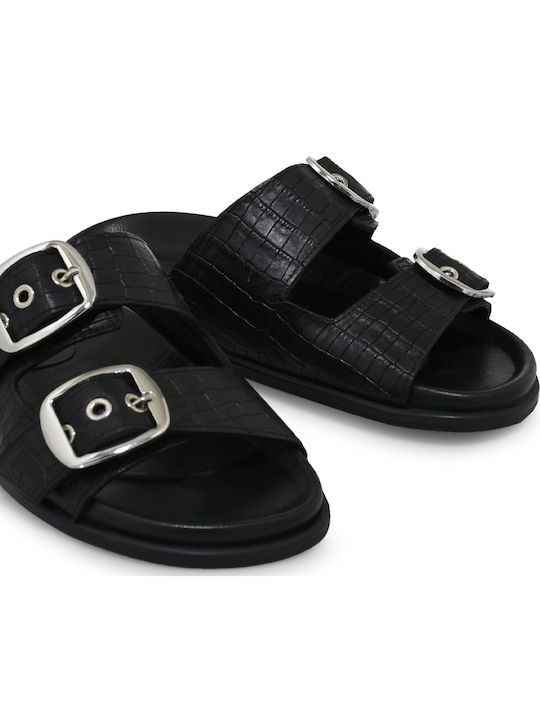 Leather Women's Flat Sandals in Black Color