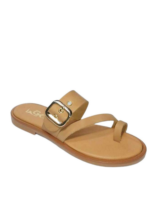 Leather Women's Flat Sandals in Beige Color