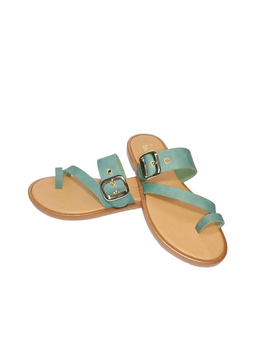 Gk Shoes Leather Women's Flat Sandals in Green Color