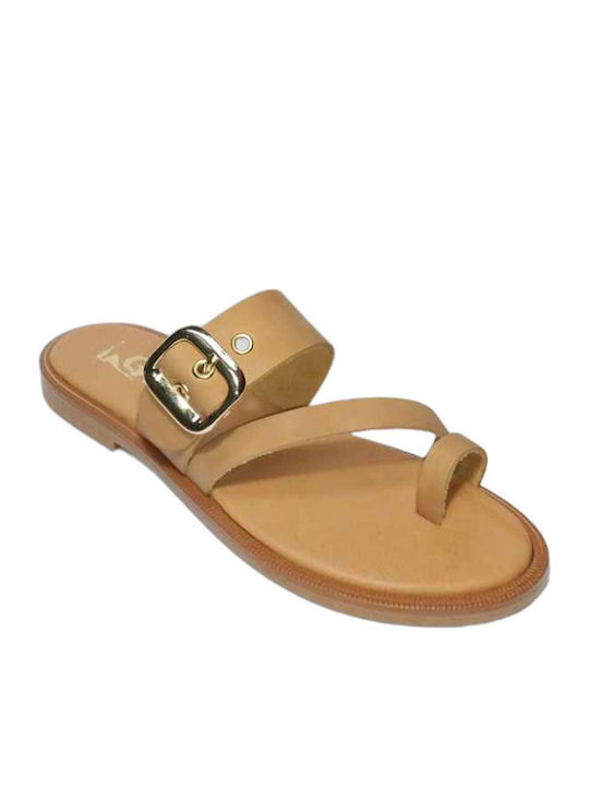 Leather Women's Flat Sandals in Beige Color