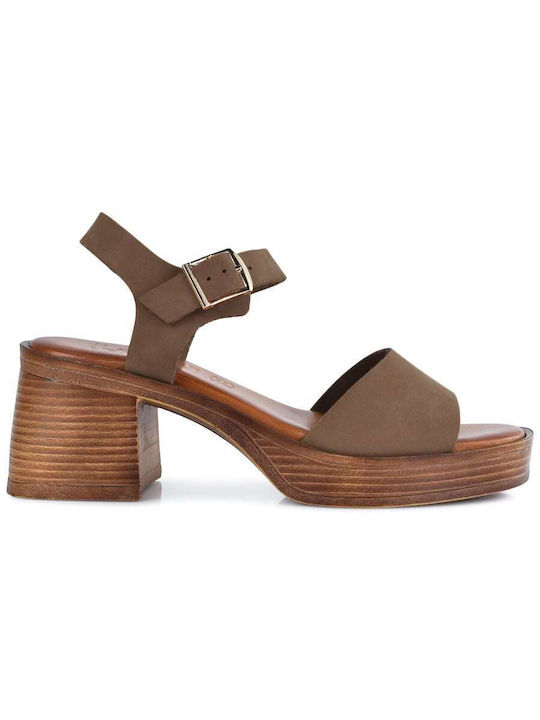 Lady Leather Women's Sandals Brown with Medium Heel