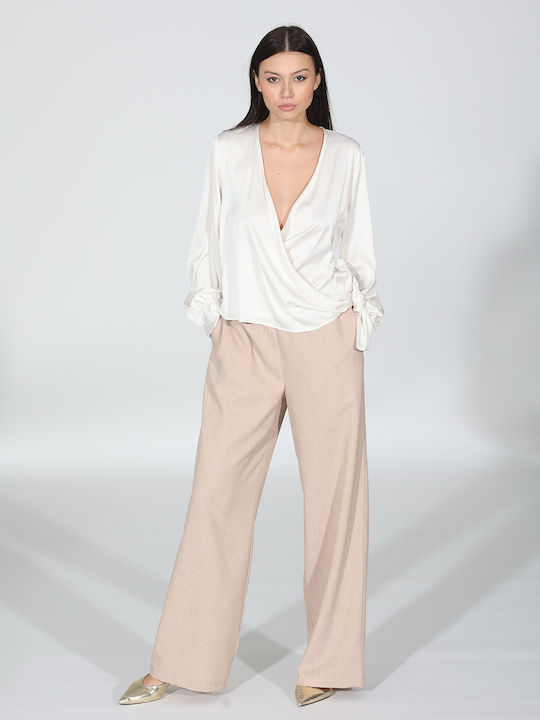 R.R. Women's Fabric Trousers with Elastic in Wide Line Beige