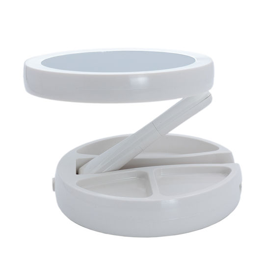 Oglindă de machiaj iluminată cu LED, rotundă, pe masă, cu spațiu de depozitare pentru cosmetice și bijuterii, albă, 15.5x15.5x28cm