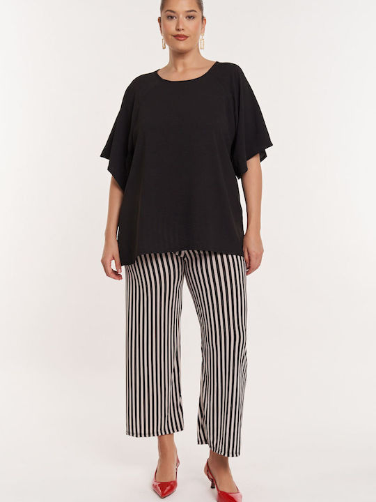 Plus Size Striped Trousers with Elastic Waist Adele Black