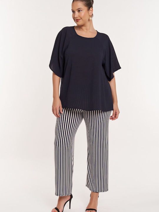 Plus Size Striped Trousers with Elastic Waist Adele Blue