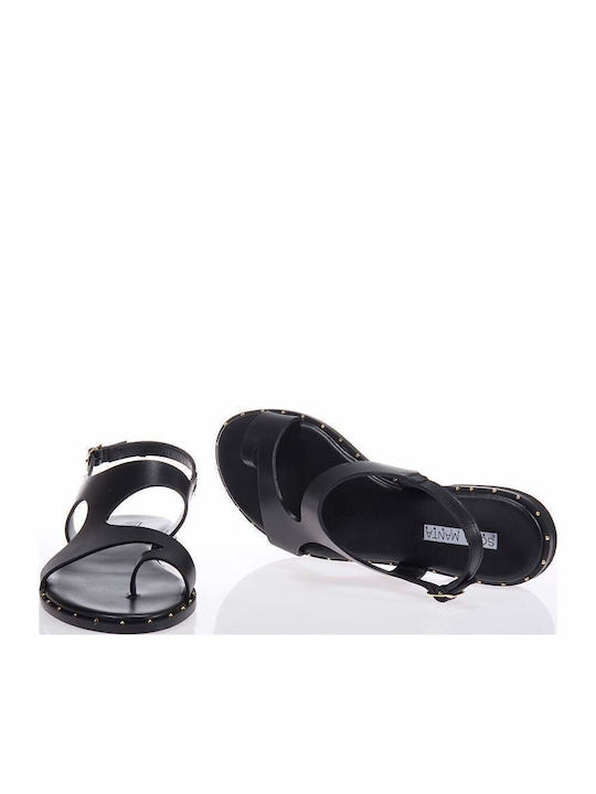 Leather Women's Flat Sandals in Black Color