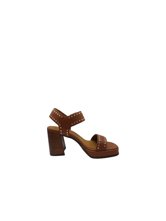 Alpe Leather Women's Sandals Tabac Brown with High Heel