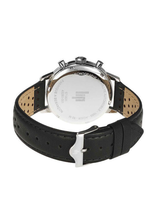 Lip Watches Rallye Meca Men's Watch Chronograph Battery with Black Leather Strap