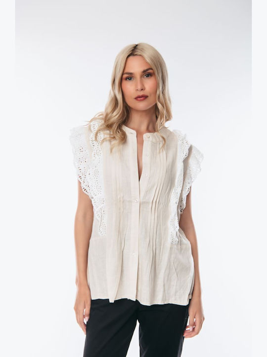 Dress Up Women's Blouse with Lace Beige