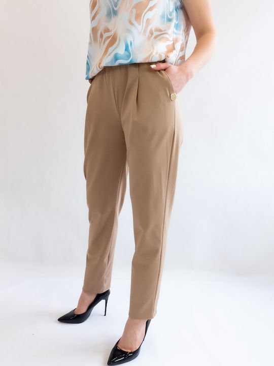 Brak Women's High-waisted Fabric Trousers with Elastic in Tapered Line Beige