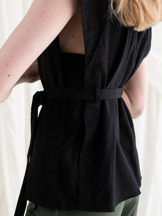 Frankie Kurzärmelig Damen Leinen Hemd Black