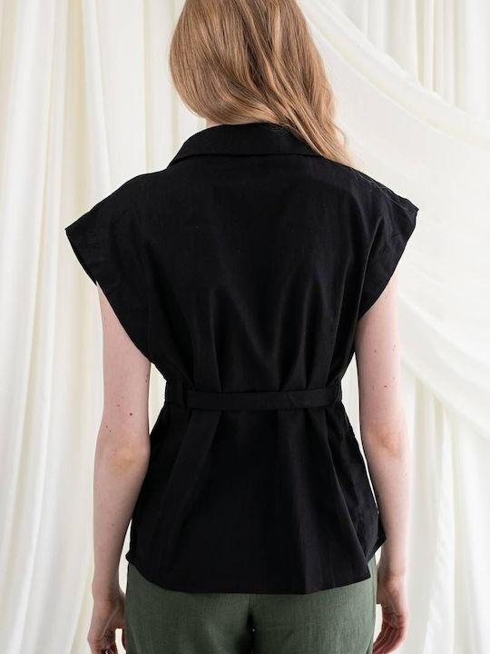 Frankie Kurzärmelig Damen Leinen Hemd Black