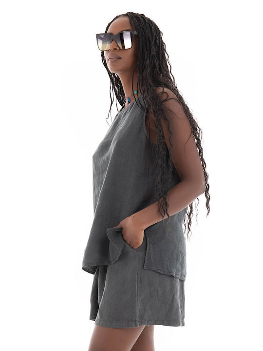 Black & Black Women's Summer Blouse Linen Sleeveless Gray