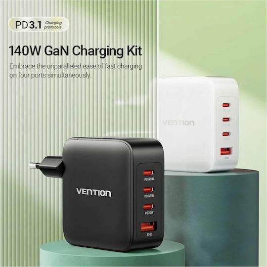 Vention Mobile Phone Charger with USB-A Port and 3 USB-C Output Ports and USB-C - USB-C Cable 140W Power Delivery / Quick Charge 3.0 Black