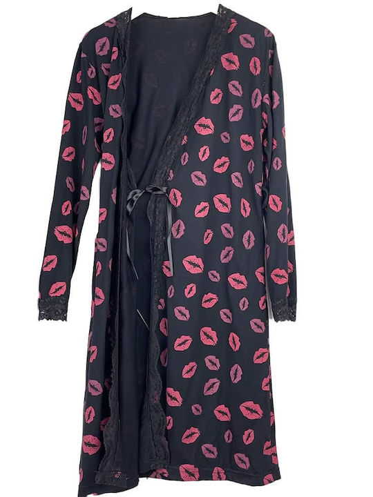 Дамска пижама с нощница и халат с дизайн на устни, стеснена кройка, черна