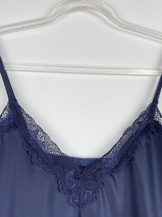 Γυναικείο Σατέν Νυχτικό Κοντό Δαντέλα Ρυθμιζόμενες Τιράντες Slim Fit Σκούρο Μπλε