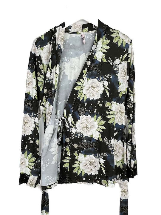 Women's Floral Top and Pants Pyjama Set with Short Robe Regular Fit Black