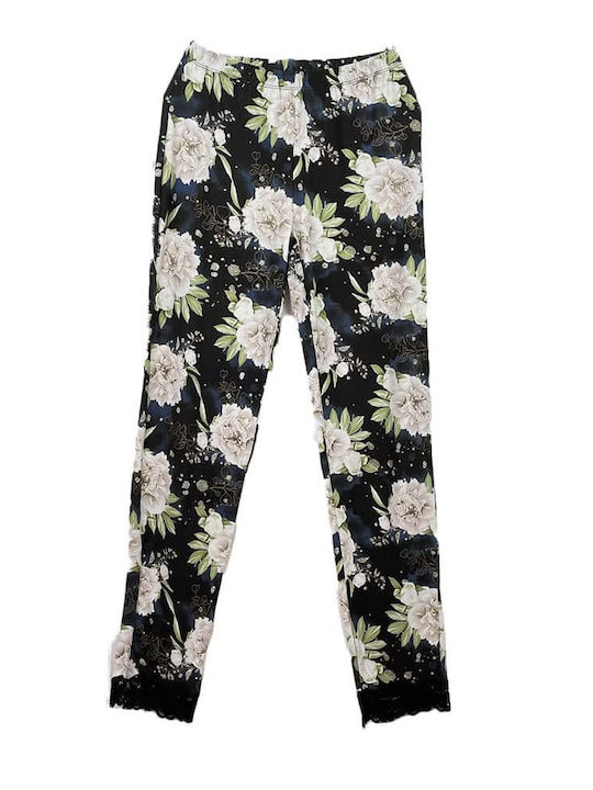 Women's Floral Top and Pants Pyjama Set with Short Robe Regular Fit Black