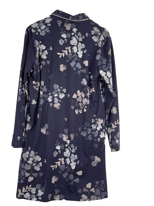 Women's Cotton Floral Long-Sleeve Regular Fit Shirt Dark Blue