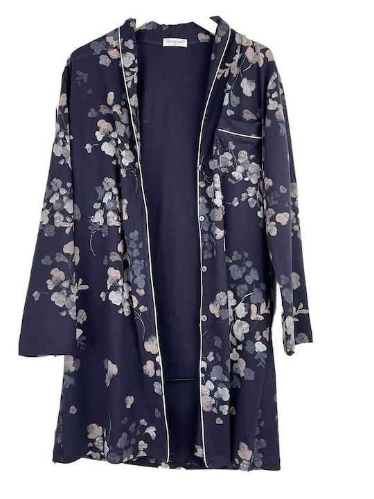 Women's Cotton Floral Long-Sleeve Regular Fit Shirt Dark Blue