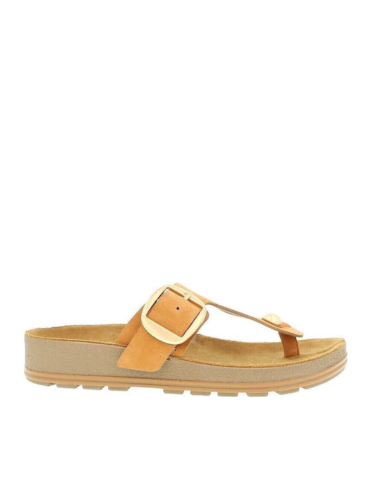Leather Women's Flat Sandals in Tabac Brown Color