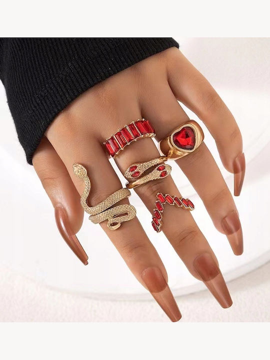 Golden Set Retro Punk Vintage Rings 5 Snake Rings Red