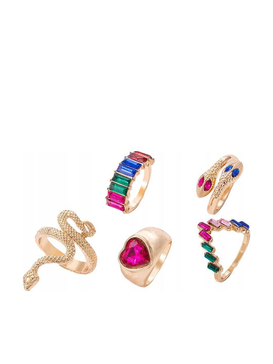 Set Golden Retro Punk Vintage Rings 5 Pieces Snake Heart Multicolor