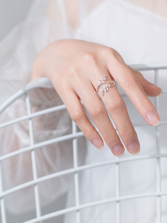 Silver Ring Leaf Crystals Adjustable Casual Beautiful Metal Uni