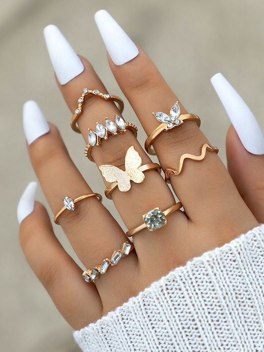Golden Set Retro Punk Vintage Rings 8 Pieces Classic Crystals