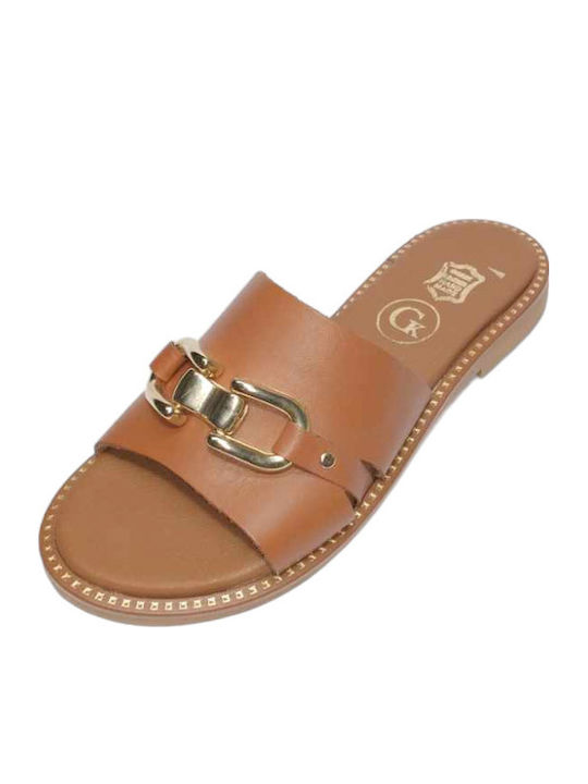 Leather Women's Flat Sandals in Tabac Brown Color