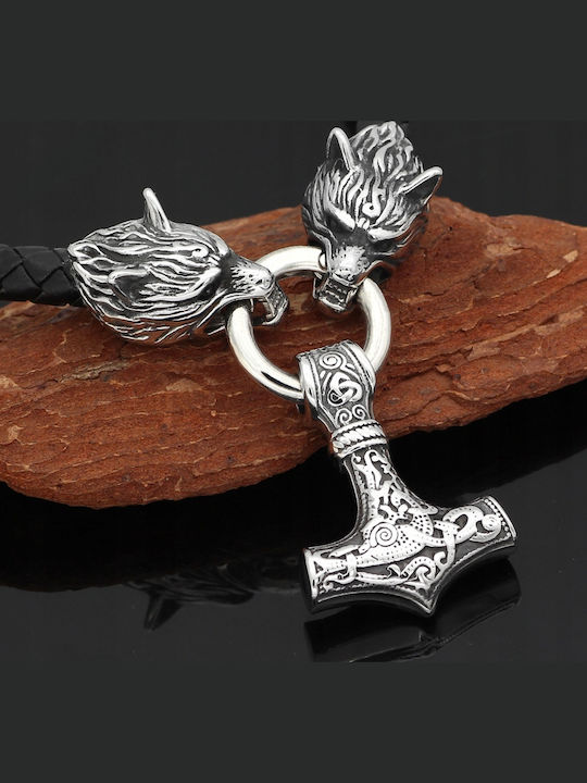 Necklace Silver Men's Thor's Hammer Wolves Thick 356