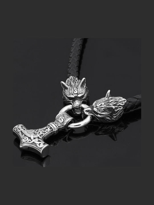 Necklace Silver Men's Thor's Hammer Wolves Thick 356
