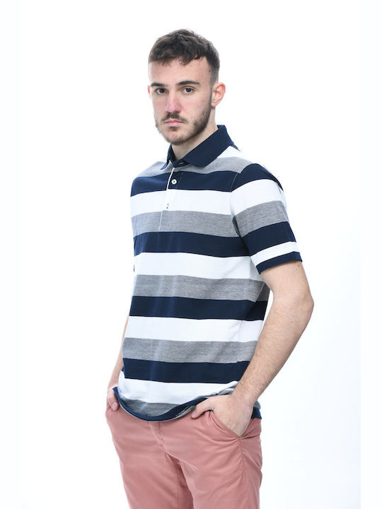 Renzo Uomo Herren Shirt Kurzarm Polo Μπλε-Γκρι-Λευκό