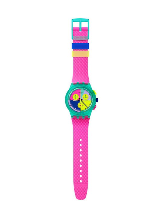 Swatch Neon Flash Arrow Herrenuhr 42mm Chronograph Batterie mit Rosa Kautschukarmband